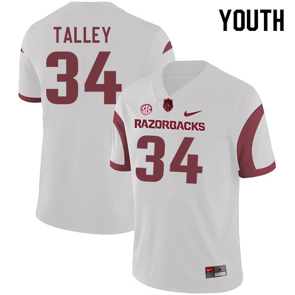 Youth #34 Hunter Talley Arkansas Razorbacks College Football Jerseys Sale-White - Click Image to Close